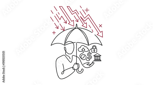 A minimalist line-art drawing depicts a person holding an umbrella to shield themselves from falling red arrows representing financial decline and risk.