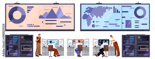 Professionals in control center supervising computers and information panels. Vector teamwork of employees analyzing charts, diagrams and world maps. Technology operations and global data analysis
