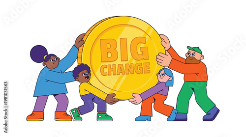 Four diverse individuals work together to lift a massive golden coin labeled with the text big change against a clean and bright white studio backdrop.