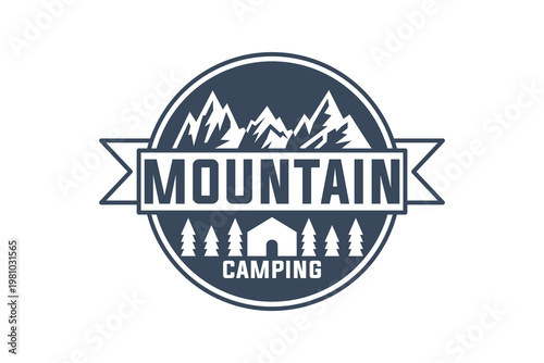 Mountain Camping Emblem with Snowy Peaks and Tent