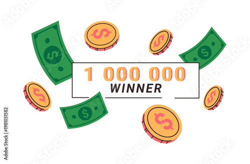 Victory playing gamble games, check for winning amount received. Vector isolated winner voucher and flying banknotes and coins. Success in gambling entertainment. Sports betting, casino and lotteries