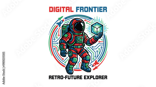 An intrepid astronaut wearing a detailed red and blue suit holds a glowing neon cube while floating amidst intricate circuit board patterns in deep space.