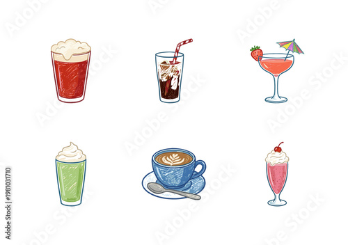 Beverages and Popular Drinks Assortment with Inky Pencil Texture and Crayon Colorful Aesthetic