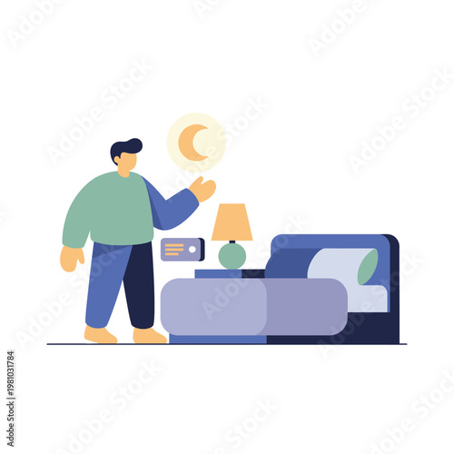 Person standing beside bed illustration in a bedroom.