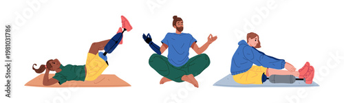 People with disability training and going through rehabilitation. Vector isolated disabled characters doing yoga and exercising on mats, gymnastics and asanas training. Healthcare and strength
