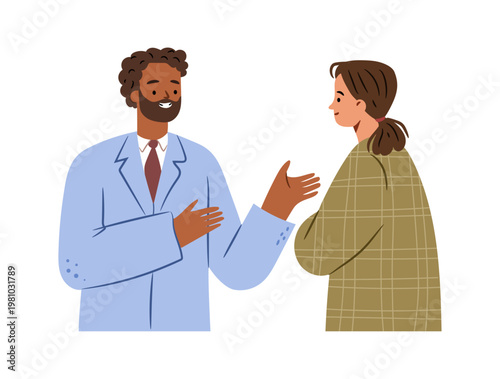 Practitioner or therapist talking to outpatient. Vector isolated doctor making consultation with client. Medical worker taking care of patient. Scientist of intern giving advices about health