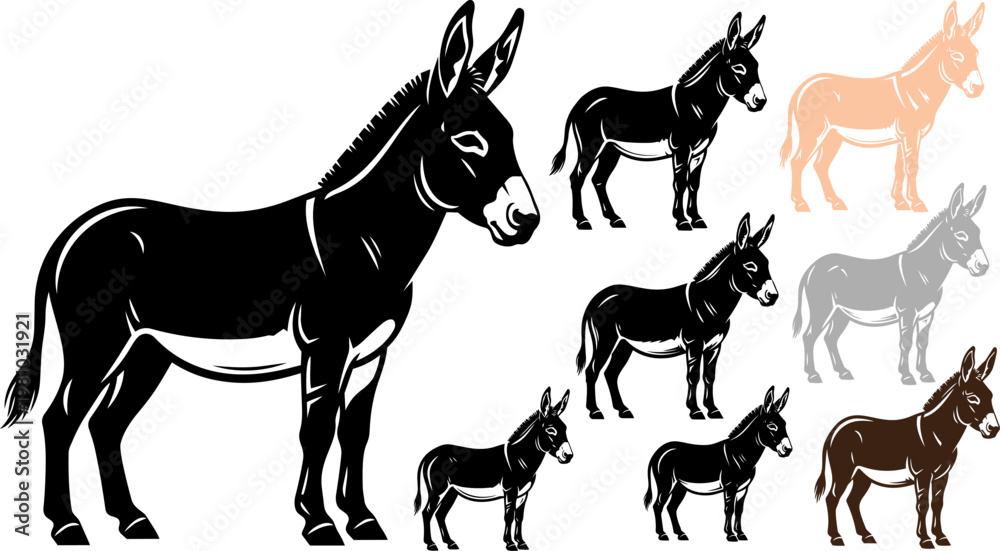 Fototapeta premium Donkey, ass, mule, vector icons, 7 animals, black, white, brown, gray