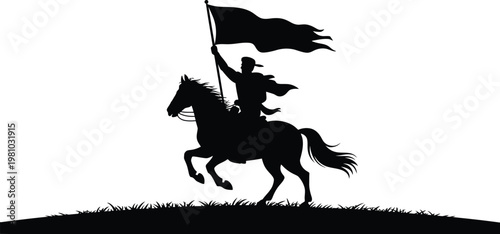 Black silhouette cowboy riding horse, holding flag, vector illustration, white background, equestrian symbol