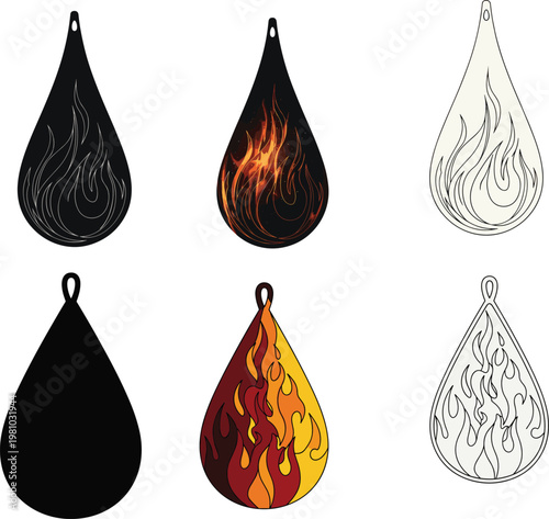 Abstract fire flame teardrop earring templates set, decorative burning drop silhouettes, laser cut jewelry designs, artistic flame pattern earring vectors.