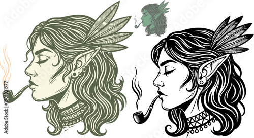 Fantasy elf heads, smoking pipes, leafy hair, tattoo art, vector illustrations