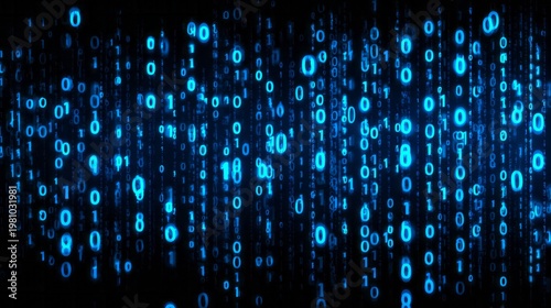 Digital binary code streams downward across a dark background in vibrant blue light
