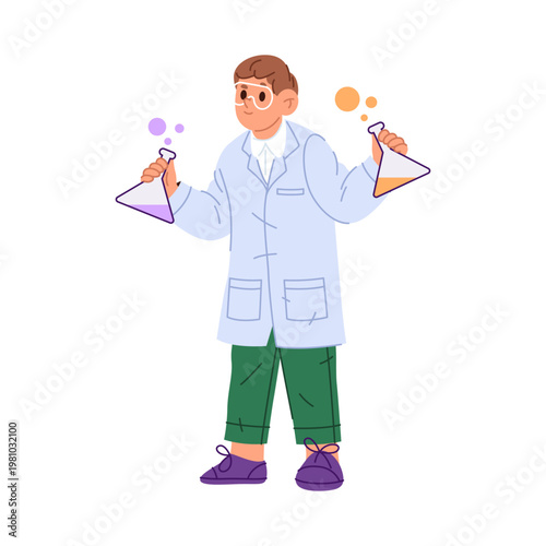 Boy kid trying chemistry experiments. Vector in flat style, isolated child character with substances waiting for reaction of components. Lessons and discoveries at school, young scientist