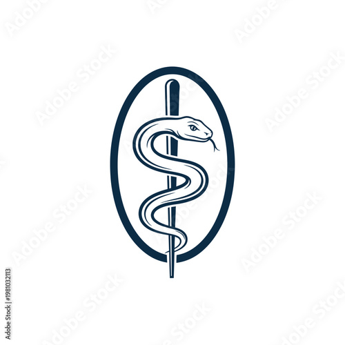 Rod of Asclepius Medical Symbol in Oval on Isolated White Background