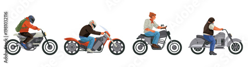 Motorcyclists riding on road. Vector set of bikers in helmets. Energy, freedom and exploration. Travel and adventure, modern transport or personal mobility emphasizing speed and independence