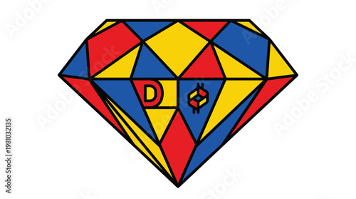 A large multi-faceted diamond shape is composed of interlocking red yellow and blue geometric segments with a central letter D in a bright white space.