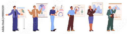 Business presentation or meeting, teamwork and brainstorming for employees and boss. Vector male and female characters showing analysis with diagrams and infographics tables. Coaches at trainings