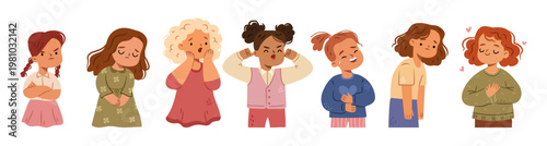 Cute kid girl personages facial expressions and emotions. Vector isolated cartoon characters showing anger and confusion, sadness and happiness, calm and bored, silly and surprised faces