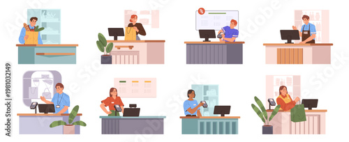Sellers standing or working behind store counter. Vector workers assisting customers with purchases, handling payments and organizing merchandise. Professional service in shop environment