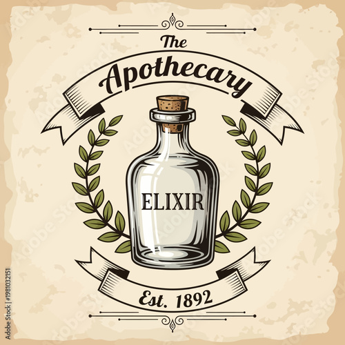 Vintage Apothecary Elixir Bottle with Laurel Wreath Emblem on Aged Parchment Background