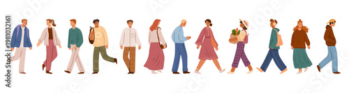 Men and women in motion, isolated set of cartoon characters strolling. Vector wandering and hurrying students and youth, lady in dress and businesswoman with bag. Crowd of citizens, people in motion