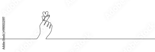 Continuous one line heart love hand korean finger icon care. Korean heart sign one line self valentine vector doodle symbol outline drawn art day drawing illustration print trend logo k gesture happy.