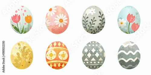 Eight watercolor painted easter eggs with diverse floral and geometric patterns