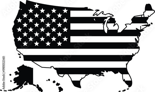 USA map, American flag pattern, black and white vector, continental United States, patriotic symbol