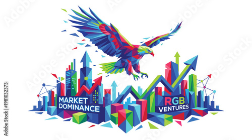 A majestic low-poly multi-colored eagle soars above a stylized city skyline filled with rising market charts and growth graphs on a white background.