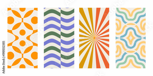 Four vibrant retro patterned panels arranged in a vertical composition