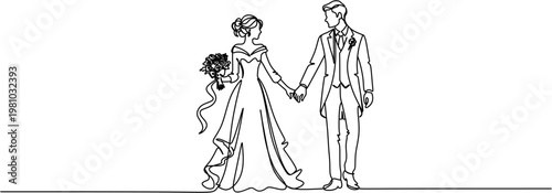 Continuous one line drawing of wedding couple with flower bouquet, bride and groom holding hands walking together, minimalist vector illustration for marriage and romantic invitation.