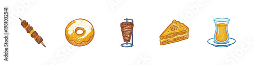 Turkish Food and Middle Eastern Cuisine Elements with Inky Brush Strokes in Crayon Colorful Style