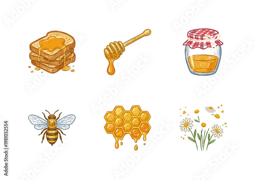 Honey Production and Apiary Botanical Elements with Colorful Crayony Pencil Texture and Organic Colorful Sketches