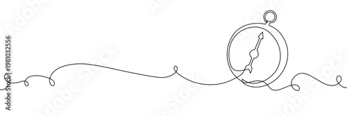 Continuous one line compass art journey adventure illustration single map. Compass one line doodle icon travel direction drawing future plane north outline vector old navigate draw simple paper banner