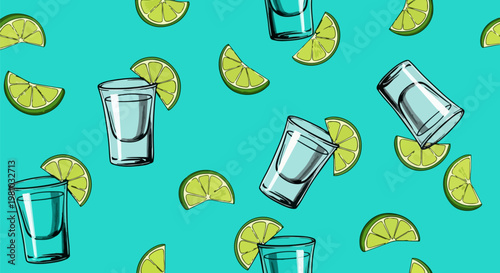 Tequila shot glasses, lime wedges, seamless pattern, vector illustration, party background