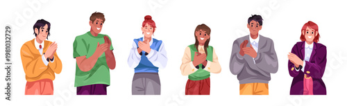 People applauding in appreciation. Vector isolated set of male and female characters clapping. Community support, teamwork celebration and positive attitude. Encouragement and success celebration