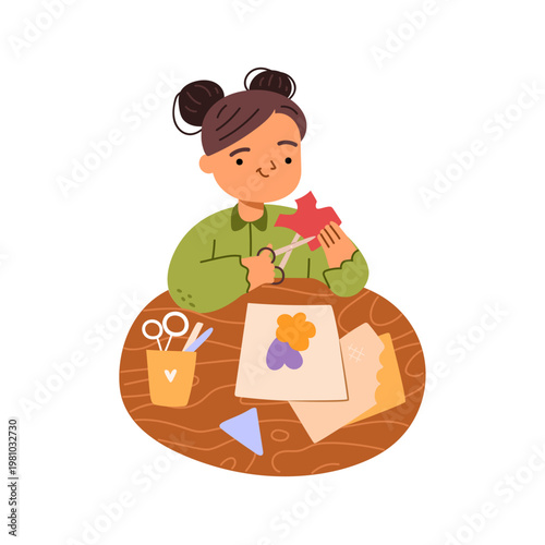 Girl cutting colorful paper and gluing together. Vector in flat style, isolated child at school lessons developing motor skills. Handcrafted art at workshop in kindergarten, home project