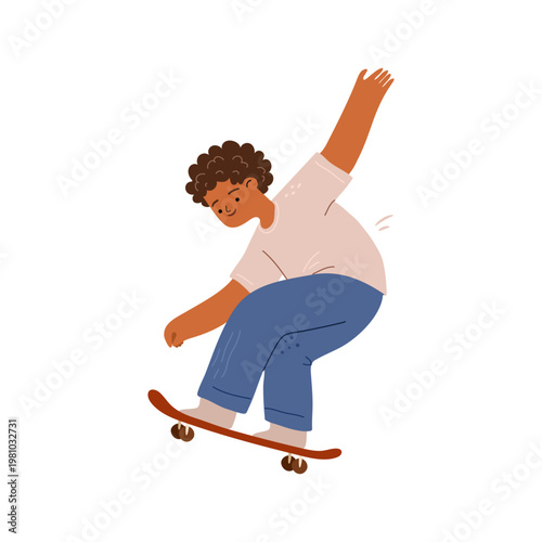 Skateboarding teen character on longboard riding and jumping showing tricks. Vector in flat style, isolated boy personage doing extreme sports. Recreating and fun activities for preteen children