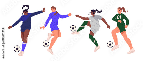 Girls playing soccer, isolated teenagers in uniform practicing sports. Vector women in league, sports games training, exercising and competing. Championship and tournament for professional athletes