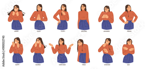 Expressive woman, angry and furious, calm and flirty. Vector female character with emotions, expressing sadness and confusion, scared girl worrying. Anxious personage, neutral state of mood