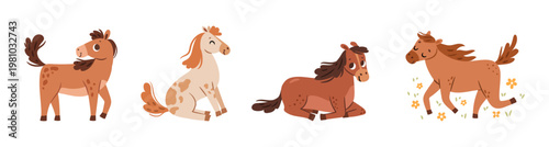 Cute horse cartoon characters, isolated set of smiling peaceful steeds. Vector animals galloping and sitting, standing and laying. Collection of spotted colts or fillies. Farm mammals