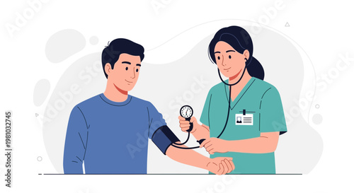 Nurse checking patient's blood pressure with sphygmomanometer in clinic