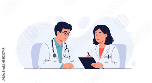 Two doctors in white coats discussing medical case with stethoscope and clipboard