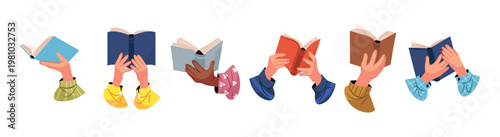 People holding books and notebooks. Vector individuals reading literature. Hands showing different publications, textbooks or novels. Education, knowledge and leisure time. Learning and study