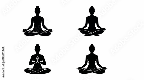 Woman Meditation Silhouette Vector Set Relaxing Yoga Poses in Clean Grid Layout