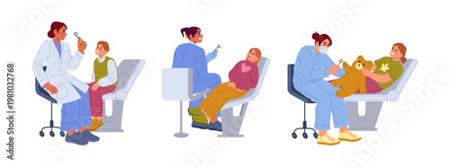 Dentists treating and examining children in dental clinic. Vector pediatric stomatology with doctors helping young patients. Kid friendly dentistry. Oral care and hygiene. Health checkup