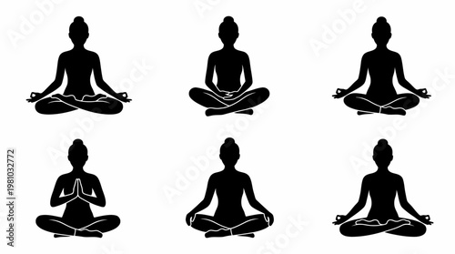 Woman Meditation Silhouette Vector Set Relaxing Yoga Poses in Clean Grid Layout