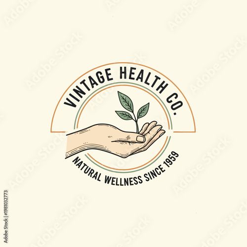 Vintage Style Vitality Health Wellness Co Logo with Heart, Caduceus, and Medical Cross on a Light Beige Background