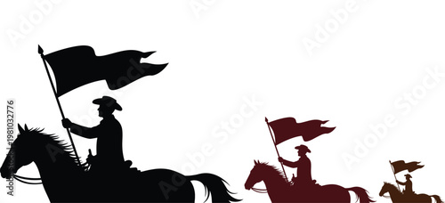 Cowboy silhouettes, horse riders with flags, vector icons, black, red, brown