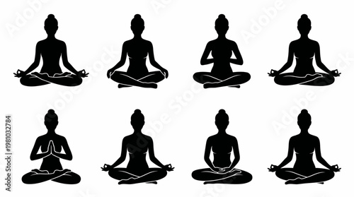 Woman Meditation Silhouette Vector Set Relaxing Yoga Poses in Clean Grid Layout