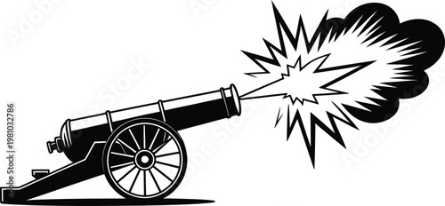 Cannon, vintage cannon, black and white, vector illustration, explosive blast, military weapon, historical